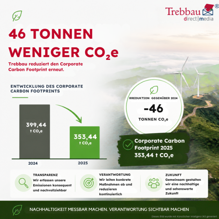 Infografik zur CO₂-Bilanz von Trebbau direct media: Reduktion des Corporate Carbon Footprints von 399,44 auf 353,44 Tonnen CO₂e im Jahr 2025 – 46 Tonnen weniger als im Vorjahr.